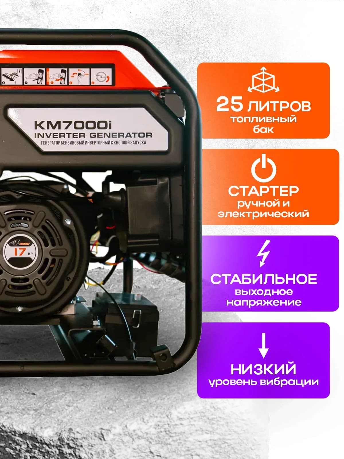Генератор бензиновый инверторный 7,0 кВт 220В 25 л с электростартером TOR KM7000i — фото 14